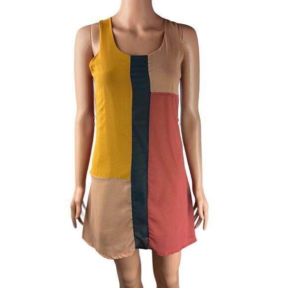 Beestango Mini Dress Sleeveless Size Small Tan Rose Mustard Green Zip In Back - Picture 1 of 10